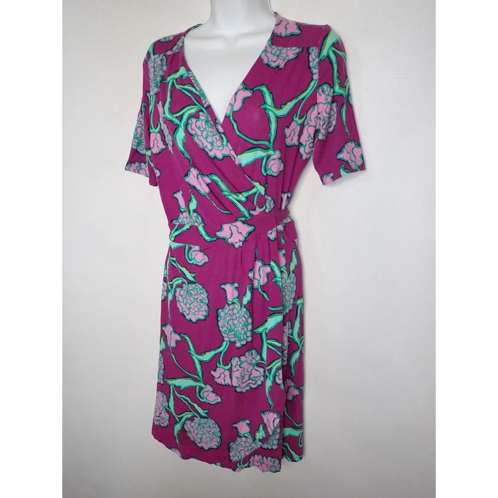 Lilly Pulitzer Womens Floral Faux Wrap Dress Pink Green V-Neck Short Sleeve XS